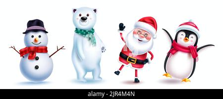 Caratteri di Natale vettoriale set design. Babbo natale, pupazzo di neve, pinguino e orso polare 3D personaggi di natale con amichevole e jolly gesto per le natale. Illustrazione Vettoriale