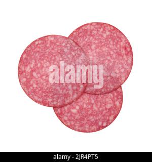 Tre fette di salame di maiale isolato su bianco con percorso di cipping. Ripresa dall'alto ritagliata Foto Stock