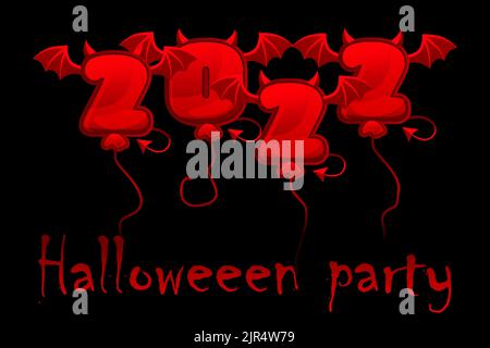 Halloween 2022 su sfondo nero, numeri palloncino diavolo rosso Illustrazione Vettoriale