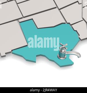 Mappa del Texas con rubinetto d'acqua , rendering 3D Foto Stock
