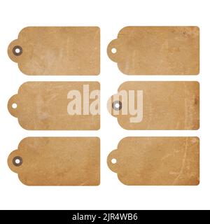 Set di sei etichette regalo marrone grunge isolate sulla foratura bianca Foto Stock