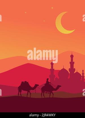 Una verticale di cammello caravan che attraversa un deserto contro le moschee di notte - grande per gli sfondi Illustrazione Vettoriale