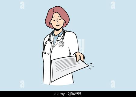 Sorridente medico in uniforme medica dare la documentazione dall'ospedale. Donna felice infermiera o GP mano stretch con documento o lettera. Illustrazione vettoriale. Illustrazione Vettoriale