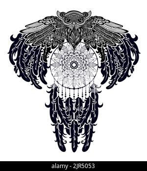 Gufo bianco e nero da sogno. Illustrazione della linea vettoriale Illustrazione Vettoriale