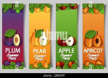 Set vettoriale di striscioni di frutta con carta tagliata di mela rossa fresca matura, pera gialla, albicocca e frutti estivi di susina. Illustrazione Vettoriale
