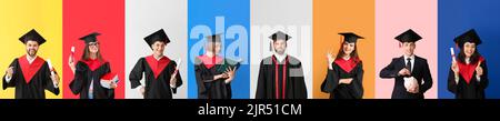 Gruppo di studenti laureati su sfondo colorato Foto Stock