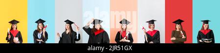 Gruppo di studenti laureati su sfondo colorato Foto Stock