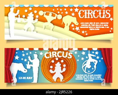 Set vettoriale di modelli di banner web circus con arene circus tagliate in carta e performers acrobata aerea, mago, elefante addestrato, giocoliere clown, bodybu Illustrazione Vettoriale