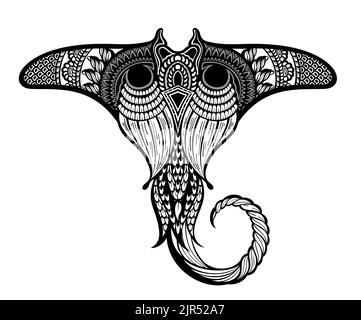 Manta ray in stile Maori. Disegno tatuaggio stile etno tribale. Tatuaggio per subacquei. Design astratto per tazza, t-shirt, custodia per telefono. Ideale per la stampa di poster Illustrazione Vettoriale