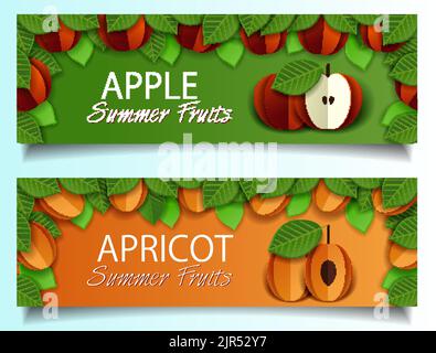 Set vettoriale di striscioni di frutta con carta tagliata di mela rossa fresca matura e albicocca di frutta estiva. Illustrazione Vettoriale