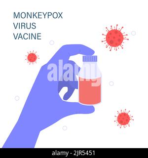 Antidoto per MONKEYPOX in mano. La mano del medico è vestita con un guanto medico Illustrazione Vettoriale