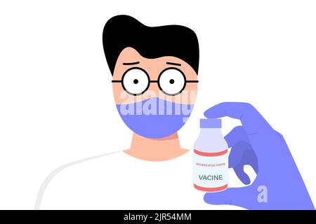 Antidoto per MONKEYPOX in mano. La mano del medico è vestita con un guanto medico Illustrazione Vettoriale