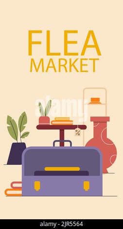 Storie piatte ambientate per l'evento di mercato delle pulci di seconda mano Vector Illustration Illustrazione Vettoriale