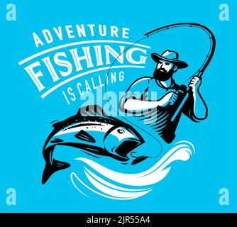 Il pescatore cattura i pesci con la canna. Emblema da pesca, etichetta ed elemento di design. Illustrazione del vettore delle attività all'aperto Illustrazione Vettoriale
