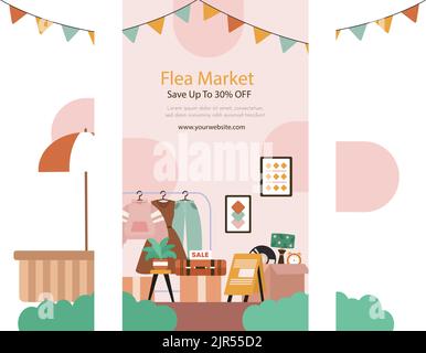Storie piatte ambientate per l'evento di mercato delle pulci di seconda mano Vector Illustration Illustrazione Vettoriale
