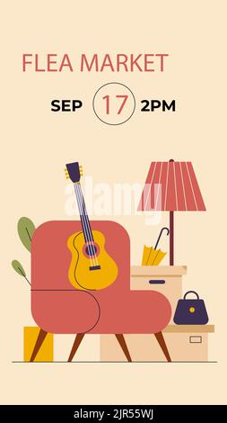 Storie piatte ambientate per l'evento di mercato delle pulci di seconda mano Vector Illustration Illustrazione Vettoriale