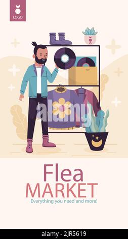 Storie piatte ambientate per l'evento di mercato delle pulci di seconda mano Vector Illustration Illustrazione Vettoriale