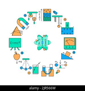 Banner rotondo di scienze fisiche in stile linea colorata. Poster con simboli fisici. Illustrazione vettoriale Illustrazione Vettoriale