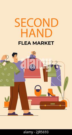 Storie piatte ambientate per l'evento di mercato delle pulci di seconda mano Vector Illustration Illustrazione Vettoriale
