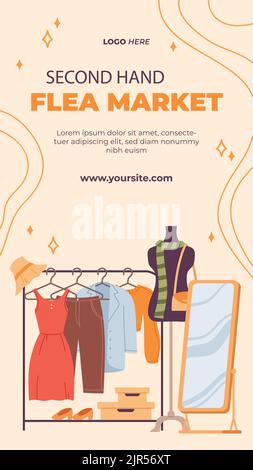 Storie piatte ambientate per l'evento di mercato delle pulci di seconda mano Vector Illustration Illustrazione Vettoriale