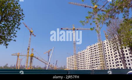 Diverse gru gialle su sfondo cielo blu. Edifici e alberi infiniti. Foto Stock