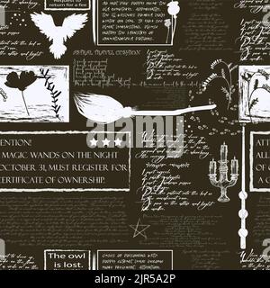 Modello senza cuciture vecchio giornale, carta digitale vintage giornale. Halloween. Una ricetta per una pozione magica. Illustrazione Vettoriale