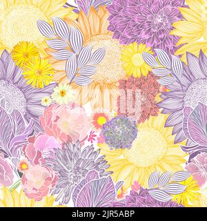 Sfondo floreale senza cuciture. Illustrazione vettoriale. Sfondo floreale moderno. Stile Folk alla moda. Illustrazione Vettoriale