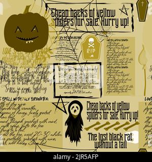 Modello senza cuciture vecchio giornale, carta digitale vintage giornale. Halloween. Una ricetta per una pozione magica. Illustrazione Vettoriale