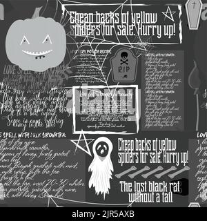 Modello senza cuciture vecchio giornale, carta digitale vintage giornale. Halloween. Una ricetta per una pozione magica. Illustrazione Vettoriale