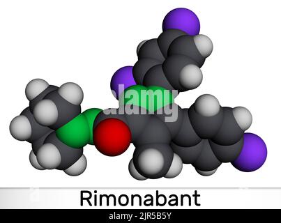 Molecola di Rimonabant. È farmaco anorettico anti-obesità. Modello molecolare. Rendering 3D. Illustrazione Foto Stock