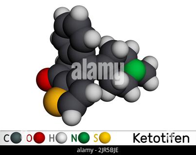 Ketotifene, molecola bloccante del recettore dell'istamina H1. Viene usato nel trattamento dell'asma atopica, della congiuntivite allergica. Modello molecolare. Rendering 3D. Illustrazione Foto Stock