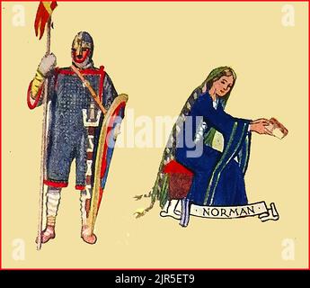 MODA IN GRAN BRETAGNA - una vecchia immagine colorata che mostra abiti tipici in epoca normanna. Foto Stock