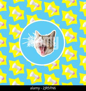 Collage pop art design con testa di gatto e megafoni. Concetto pubblicitario minimo. Foto Stock