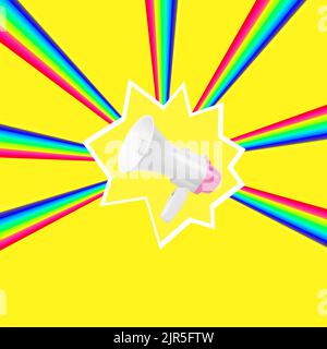 Pop art sfondo con megafone e arcobaleno. Concetto pubblicitario minimo. Foto Stock