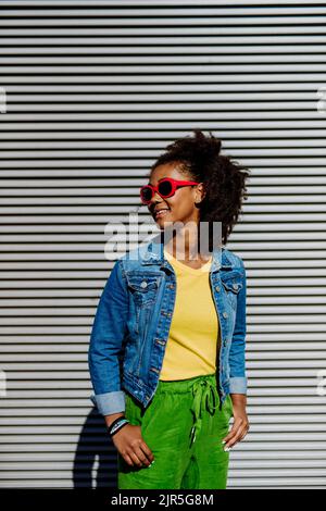 Giovane ragazza multirazziale felice con occhiali da sole e acconciatura afro, in piedi all'aperto. Foto Stock