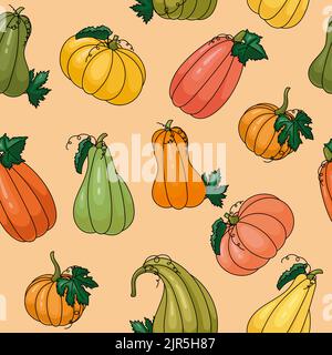 Motivo senza cuciture di zucche colorate. Stile piatto. Illustrazione vettoriale. Illustrazione Vettoriale