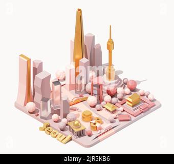 Vector isometric skyline di Seoul, Corea del Sud. Illustrazione in polietilene bassa. Mappa isometrica fittizia. Monumenti storici coreani ed edifici famosi Illustrazione Vettoriale