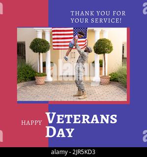 Composizione del testo felice di giorno dei veterani sopra il soldato maschio afroamericano con la figlia Foto Stock