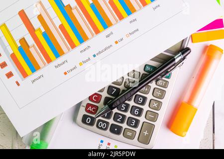 documentare il foglio grafico a colori per la presentazione in ufficio con la calcolatrice delle attrezzature, la penna, la penna a colori evidenziata Foto Stock