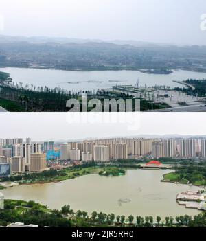 (220822) -- LANZHOU, 22 agosto 2022 (Xinhua) -- la foto combinata mostra una vista del Lago Qixia il 22 agosto 2013 (in alto, foto fornita da Lanzhou New Area), e del Lago Qixia il 10 agosto 2022 (foto aerea scattata da Chen Bin), nella Nuova Area di Lanzhou, nella provincia di Gansu della Cina nord-occidentale. Nel 2012, la Nuova area di Lanzhou è stata approvata dal Consiglio di Stato come quinta zona speciale di sviluppo economico a livello nazionale, che è anche la prima nuova area di sviluppo a livello statale nel nordovest della Cina. A dieci anni di distanza, la nuova area ha gradualmente costruito diversi cluster industriali, tra cui le attrezzature avanzate manufa Foto Stock