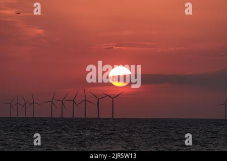 Tramonto sulla fattoria eolica offshore Gwynt-y-Môr, costa del Galles del Nord Foto Stock