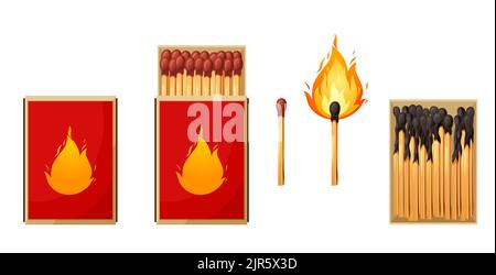 Abbinare la scatola con bastoncini bruciati. Set di fiammiferi con testa di zolfo che fiammano le fasi dall'accensione all'estinzione. Illustrazione del vettore cartoon spark bonfire Illustrazione Vettoriale