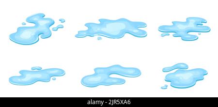 Set di pozzanghere d'acqua, in stile cartoon liquido. Goccia isolata su sfondo bianco. Blu split, spruzzi sul pavimento. Illustrazione vettoriale Illustrazione Vettoriale