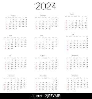 Modello anno di calendario 2024. Illustrazione vettoriale del calendario annuale 2024, griglia di 12 mesi, la settimana inizia la domenica Illustrazione Vettoriale