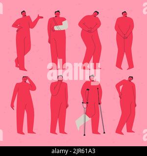 Grande serie di illustrazioni vettoriali piatte di persone con lesioni e dolori. Uomini e donne sproporzionati che soffrono di dolore. Pazienti del medico Illustrazione Vettoriale