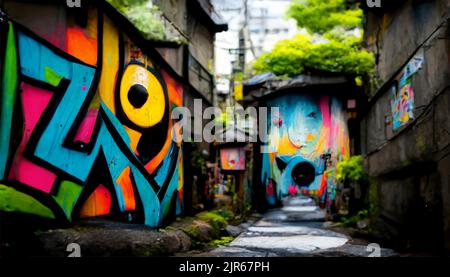 Nel cortile cinese dipinto graffiti colorati fresco intorno alla sua casa Illustrazione Vettoriale