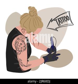 Tatuaggio artista, maestro nel processo di lavoro, macchina da tatuaggio, braccio tatuaggio, disegno piano, tatuaggio, scrittura a mano Illustrazione Vettoriale