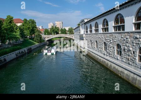 La barca turistica viaggia da Piazza Prešeren verso le zone residenziali di Lubiana Foto Stock