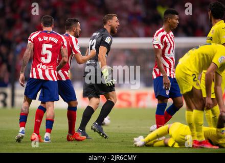 CIVITAS Metropolitano, Madrid, Spagna. 21st ago, 2022. Uomini la Liga Santander, Atletico de Madrid contro Villarreal CF; portiere Jan Oblack di Atletico sconvolto al gioco Credit: Action Plus Sports/Alamy Live News Foto Stock