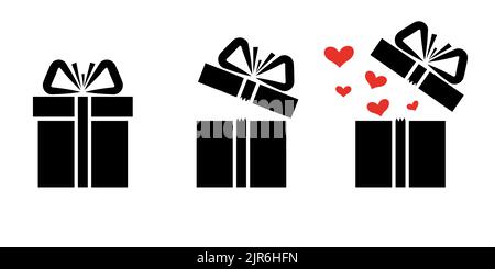 Icone confezione regalo e cuori confezione regalo aperti. Illustrazione vettoriale isolata su sfondo bianco Illustrazione Vettoriale
